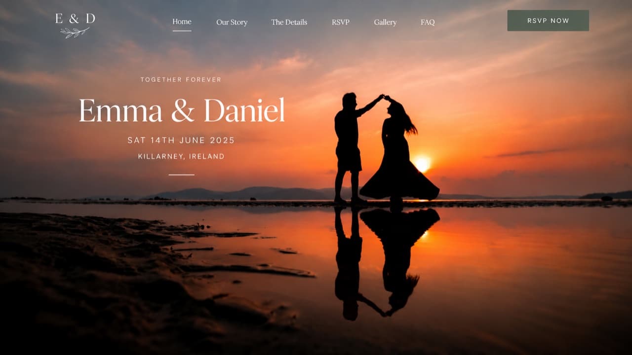 Design concept for a wedding website on desktop: couple names, wedding date and venue over a photo hero, with navigation for RSVP, gallery and the day's details
