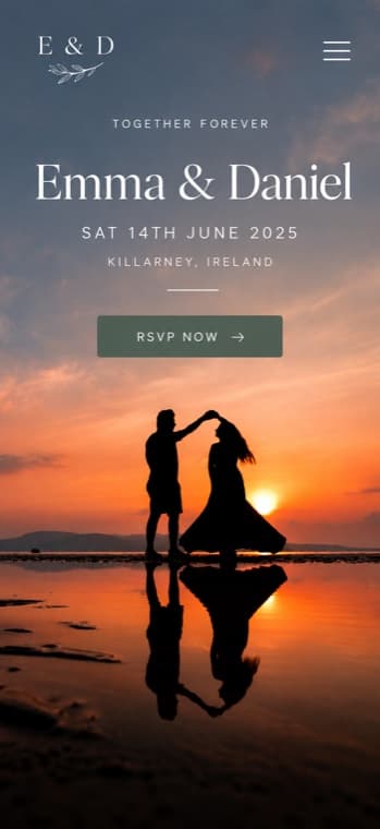 The same design concept on a phone: the wedding website reflows to a single column with a full-width RSVP button, still readable and uncluttered at phone width
