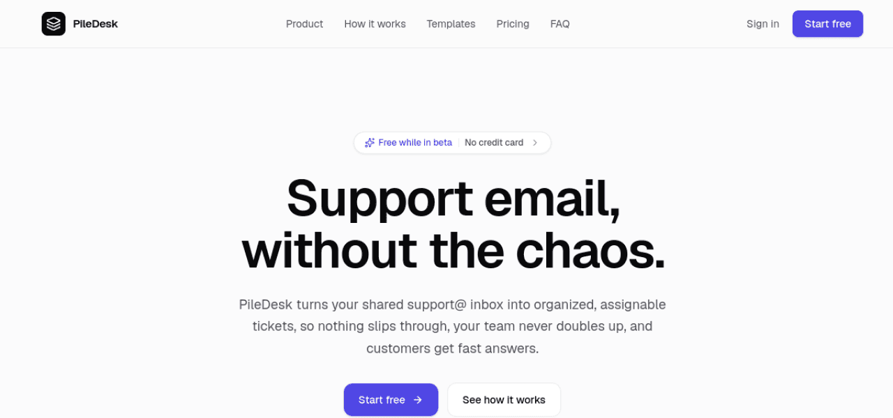 PileDesk homepage: support email, without the chaos